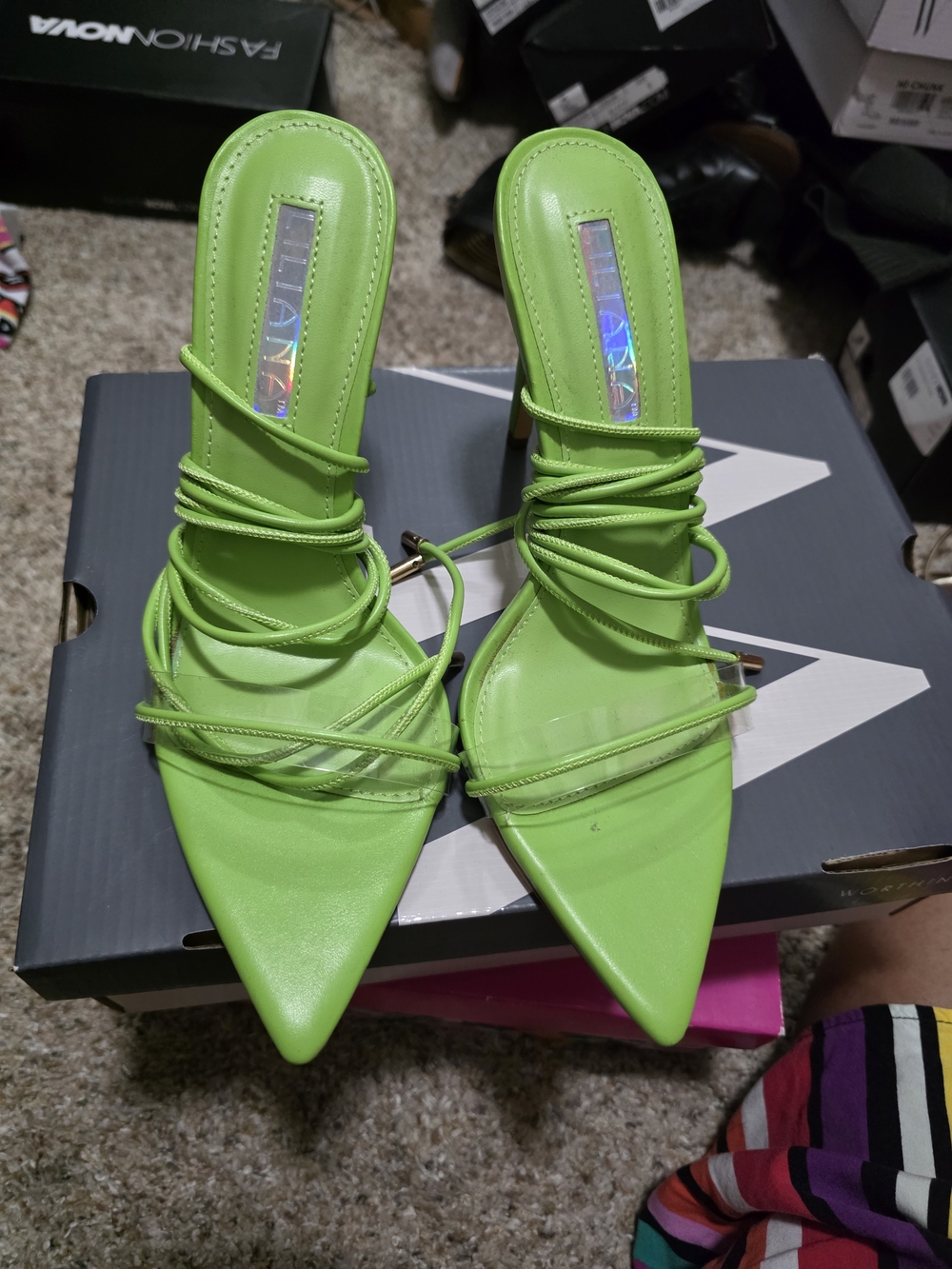 Fashion Nova Neon Lime Strappy Pointed Toe Heels